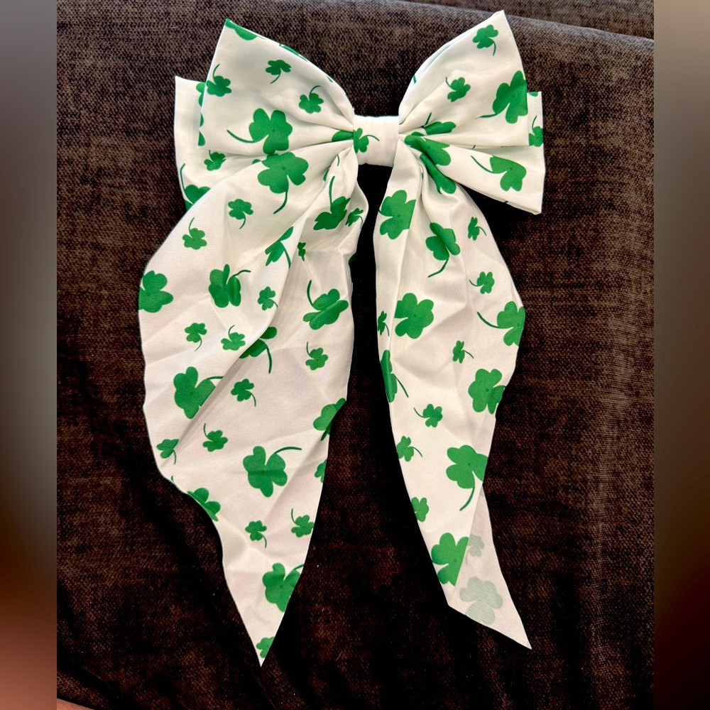 Handmade Long Double Bow on Barrette- Clovers